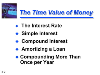 3-2
The Time Value of Money
 The Interest Rate
 Simple Interest
 Compound Interest
 Amortizing a Loan
 Compounding More Than
Once per Year
 