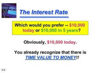 3-3
Obviously, $10,000 today.
You already recognize that there is
TIME VALUE TO MONEY!!
The Interest Rate
Which would you prefer -- $10,000
today or $10,000 in 5 years?
 