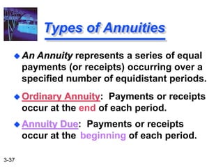 3-37
Types of Annuities
 Ordinary Annuity: Payments or receipts
occur at the end of each period.
 Annuity Due: Payments or receipts
occur at the beginning of each period.
 An Annuity represents a series of equal
payments (or receipts) occurring over a
specified number of equidistant periods.
 