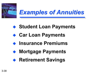 3-38
Examples of Annuities
 Student Loan Payments
 Car Loan Payments
 Insurance Premiums
 Mortgage Payments
 Retirement Savings
 
