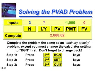 3-58
Solving the PVAD Problem
N I/Y PV PMT FV
Inputs
Compute
3 7 -1,000 0
2,808.02
Complete the problem the same as an “ordinary annuity”
problem, except you must change the calculator setting
to “BGN” first. Don’t forget to change back!
Step 1: Press 2nd BGN keys
Step 2: Press 2nd SET keys
Step 3: Press 2nd QUIT keys
 