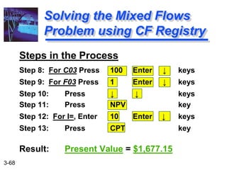 3-68
Solving the Mixed Flows
Problem using CF Registry
Steps in the Process
Step 8: For C03 Press 100 Enter ↓ keys
Step 9: For F03 Press 1 Enter ↓ keys
Step 10: Press ↓ ↓ keys
Step 11: Press NPV key
Step 12: For I=, Enter 10 Enter ↓ keys
Step 13: Press CPT key
Result: Present Value = $1,677.15
 