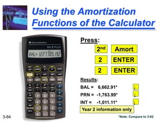 3-84
Using the Amortization
Functions of the Calculator
Press:
2nd Amort
2 ENTER
2 ENTER
Results:
BAL = 6,662.91* ↓
PRN = -1,763.99* ↓
INT = -1,011.11* ↓
Year 2 information only
*Note: Compare to 3-82
 