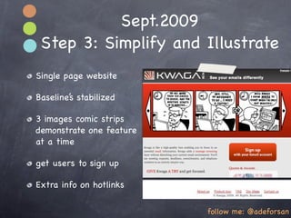 Sept.2009
 Step 3: Simplify and Illustrate
Single page website

Baseline’s stabilized

3 images comic strips
demonstrate one feature
at a time

get users to sign up

Extra info on hotlinks

                          follow me: @adeforsan
 