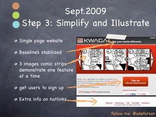 Sept.2009
 Step 3: Simplify and Illustrate
Single page website

Baseline’s stabilized

3 images comic strips
demonstrate one feature
at a time

get users to sign up

Extra info on hotlinks

                          follow me: @adeforsan
 