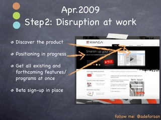 Apr.2009
   Step2: Disruption at work
Discover the product

Positioning in progress

Get all existing and
forthcoming features/
programs at once

Beta sign-up in place




                          follow me: @adeforsan
 