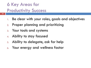 6 Key Areas for
10
     Productivity Success
     1.   Be clear with your roles, goals and objectives
     2.   Proper planning and prioritizing
     3.   Your tools and systems
     4.   Ability to stay focused
     5.   Ability to delegate, ask for help
     6.   Your energy and wellness factor
 