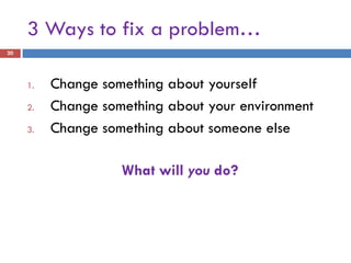 3 Ways to fix a problem…
20




     1.   Change something about yourself
     2.   Change something about your environment
     3.   Change something about someone else

                    What will you do?
 