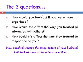 The 3 questions…
4


       How would you feel/act if you were more
        organized?
       How would this affect the ...