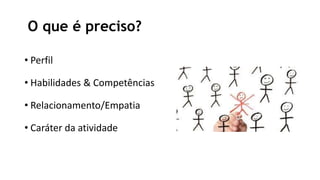 O que é preciso?
• Perfil
• Habilidades & Competências
• Relacionamento/Empatia
• Caráter da atividade
 