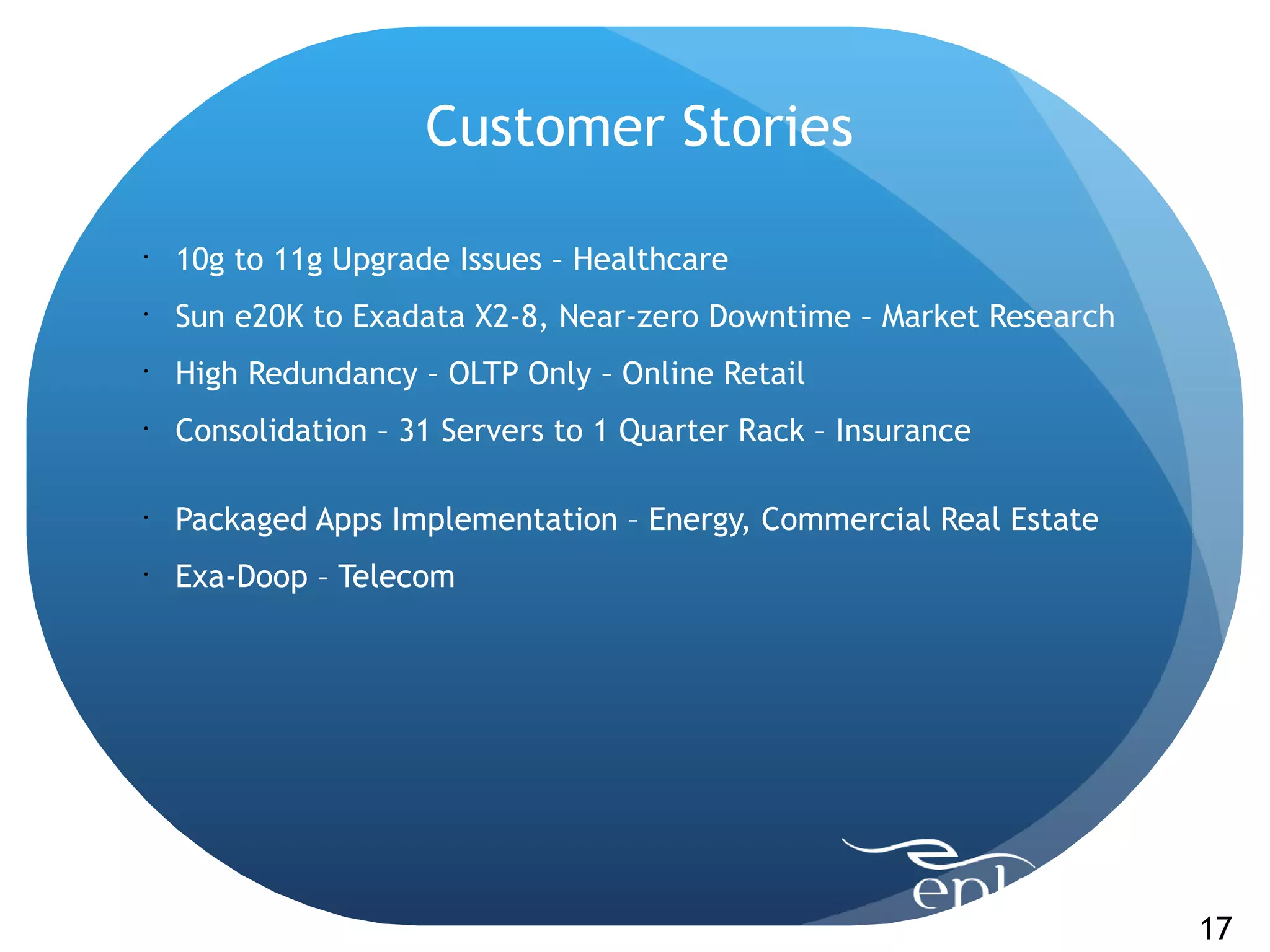 Customer Stories

•
    10g to 11g Upgrade Issues – Healthcare
•
    Sun e20K to Exadata X2-8, Near-zero Downtime – Market Research
•
    High Redundancy – OLTP Only – Online Retail
•
    Consolidation – 31 Servers to 1 Quarter Rack – Insurance

•
    Packaged Apps Implementation – Energy, Commercial Real Estate
•
    Exa-Doop – Telecom




                                                                     17
 