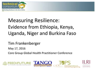 Measuring Resilience:
Evidence from Ethiopia, Kenya,
Uganda, Niger and Burkina Faso
Tim Frankenberger
May 17, 2016
Core Group Global Health Practitioner Conference
 