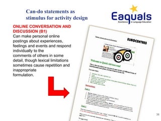 Can-do statements as
stimulus for activity design
38
ONLINE CONVERSATION AND
DISCUSSION (B1)
Can make personal online
post...