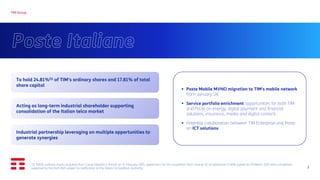 3
TIM Group
Poste Italiane
To hold 24.81%(1) of TIM’s ordinary shares and 17.81% of total
share capital
Acting as long-term industrial shareholder supporting
consolidation of the Italian telco market
Industrial partnership leveraging on multiple opportunities to
generate synergies
(1) 9.81% ordinary shares acquired from Cassa Depositi e Prestiti on 15 February 2025, agreement for the acquisition from Vivendi SE of additional 15.00% signed on 29 March 2025 with completion
expected by first half 2025 subject to notification to the Italian Competition Authority
▪ Poste Mobile MVNO migration to TIM's mobile network
from January ’26
▪ Service portfolio enrichment opportunities for both TIM
and Poste on energy, digital payment and financial
solutions, insurance, media and digital content
▪ Potential collaboration between TIM Enterprise and Poste
on ICT solutions
 