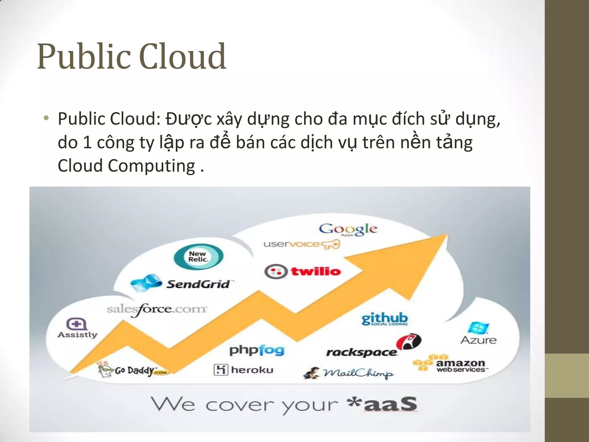 Public Cloud
• Public Cloud: Được xây dựng cho đa mục đích sử dụng,
do 1 công ty lập ra để bán các dịch vụ trên nền tảng
Cloud Computing .
 