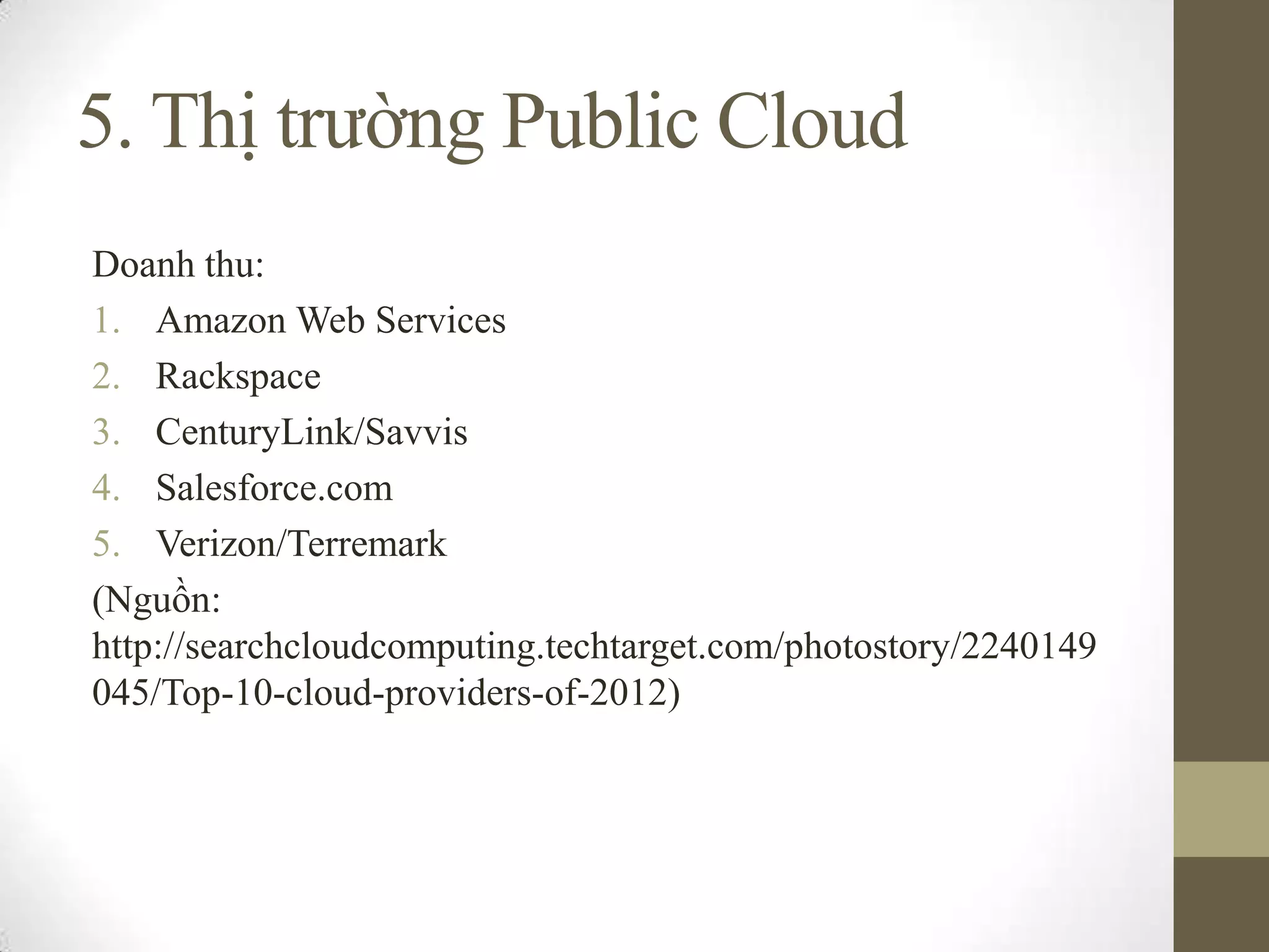 5. Thị trường Public Cloud
Doanh thu:
1. Amazon Web Services
2. Rackspace
3. CenturyLink/Savvis
4. Salesforce.com
5. Verizon/Terremark
(Nguồn:
http://searchcloudcomputing.techtarget.com/photostory/2240149
045/Top-10-cloud-providers-of-2012)
 