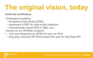 The original vision, today
• Ontological modelling
• Europeana Data Model (EDM)
• expressed in RDF for data-model mediation
• internationally shared (DPLA, BBC, etc.)
• Served on our SPARQL endpoint
• … but more frequently as JSON-LD over our APIs
• plug plug: received API World award this year for best Data API
CC BY-SA
Transforming Access to Culture & History with Connected Data
Continued contributions
 