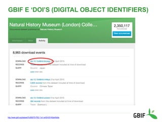 GBIF E ‘DOI’S (DIGITAL OBJECT IDENTIFIERS)
http://www.gbif.org/dataset/7e380070-f762-11e1-a439-00145eb45e9a
 
