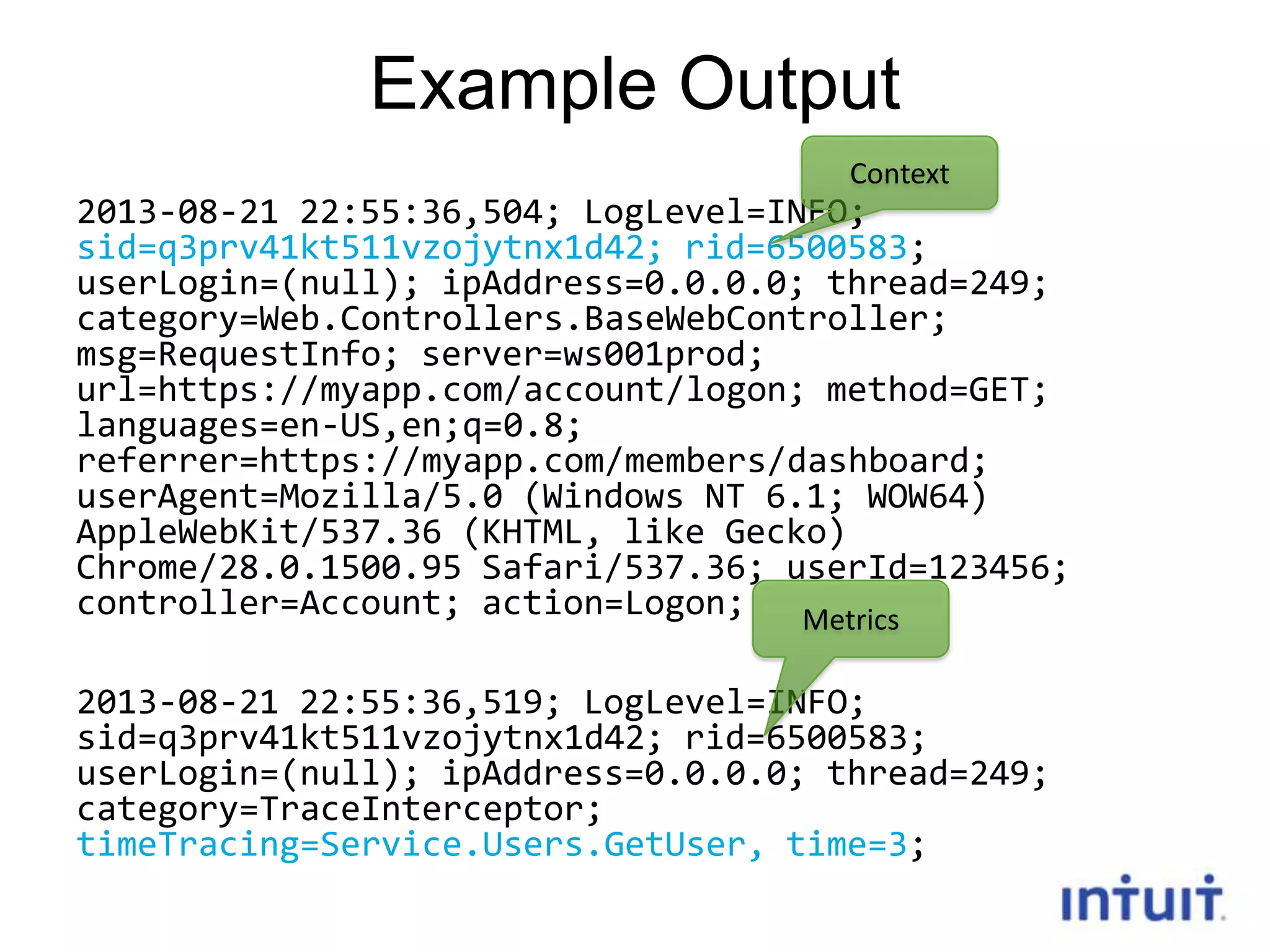 Example Output
Context

2013-08-21 22:55:36,504; LogLevel=INFO;
sid=q3prv41kt511vzojytnx1d42; rid=6500583;
userLogin=(null); ipAddress=0.0.0.0; thread=249;
category=Web.Controllers.BaseWebController;
msg=RequestInfo; server=ws001prod;
url=https://myapp.com/account/logon; method=GET;
languages=en-US,en;q=0.8;
referrer=https://myapp.com/members/dashboard;
userAgent=Mozilla/5.0 (Windows NT 6.1; WOW64)
AppleWebKit/537.36 (KHTML, like Gecko)
Chrome/28.0.1500.95 Safari/537.36; userId=123456;
controller=Account; action=Logon;
Metrics
2013-08-21 22:55:36,519; LogLevel=INFO;
sid=q3prv41kt511vzojytnx1d42; rid=6500583;
userLogin=(null); ipAddress=0.0.0.0; thread=249;
category=TraceInterceptor;
timeTracing=Service.Users.GetUser, time=3;
12

 