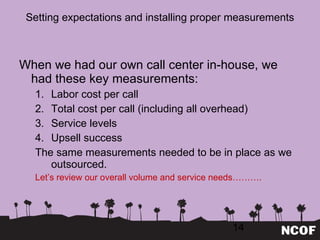 Setting expectations and installing proper measurements When we had our own call center in-house, we had these key measurements: Labor cost per call Total cost per call (including all overhead) Service levels  Upsell success The same measurements needed to be in place as we outsourced. Let ’s review our overall volume and service needs………. 