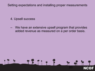 Setting expectations and installing proper measurements 4. Upsell success We have an extensive upsell program that provides added revenue as measured on a per order basis. 