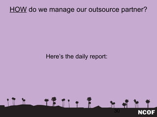 HOW  do we manage our outsource partner?   Here ’s the daily report: 