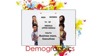 Demographics
WOMENMEN
16 - 60
MIDDLE/
UPPER MIDDLE
YOUTH
Business mans,
Executives
 