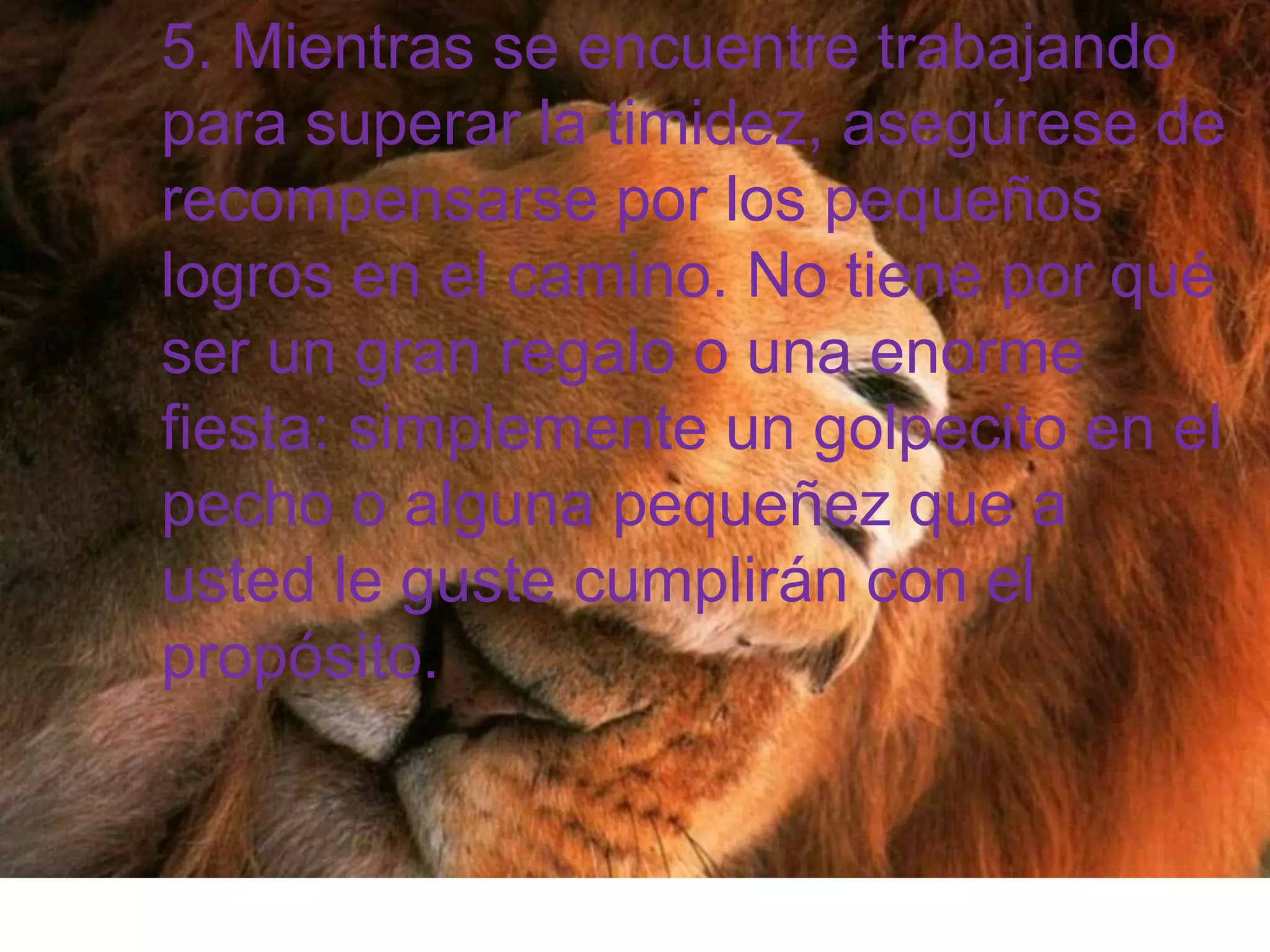 5. Mientras se encuentre trabajando para superar la timidez, asegúrese de recompensarse por los pequeños logros en el camino. No tiene por qué ser un gran regalo o una enorme fiesta: simplemente un golpecito en el pecho o alguna pequeñez que a usted le guste cumplirán con el propósito. 