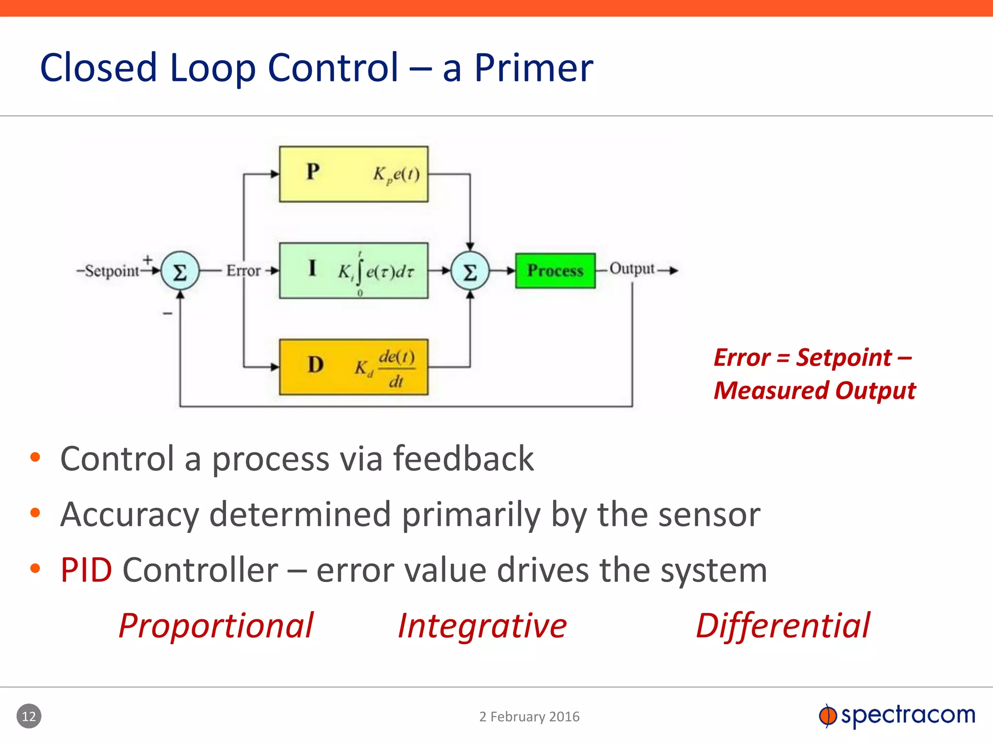 12 2 February 2016
Closed Loop Control – a Primer
• Control a process via feedback
• Accuracy determined primarily by the sensor
• PID Controller – error value drives the system
Proportional Integrative Differential
Error = Setpoint –
Measured Output
 