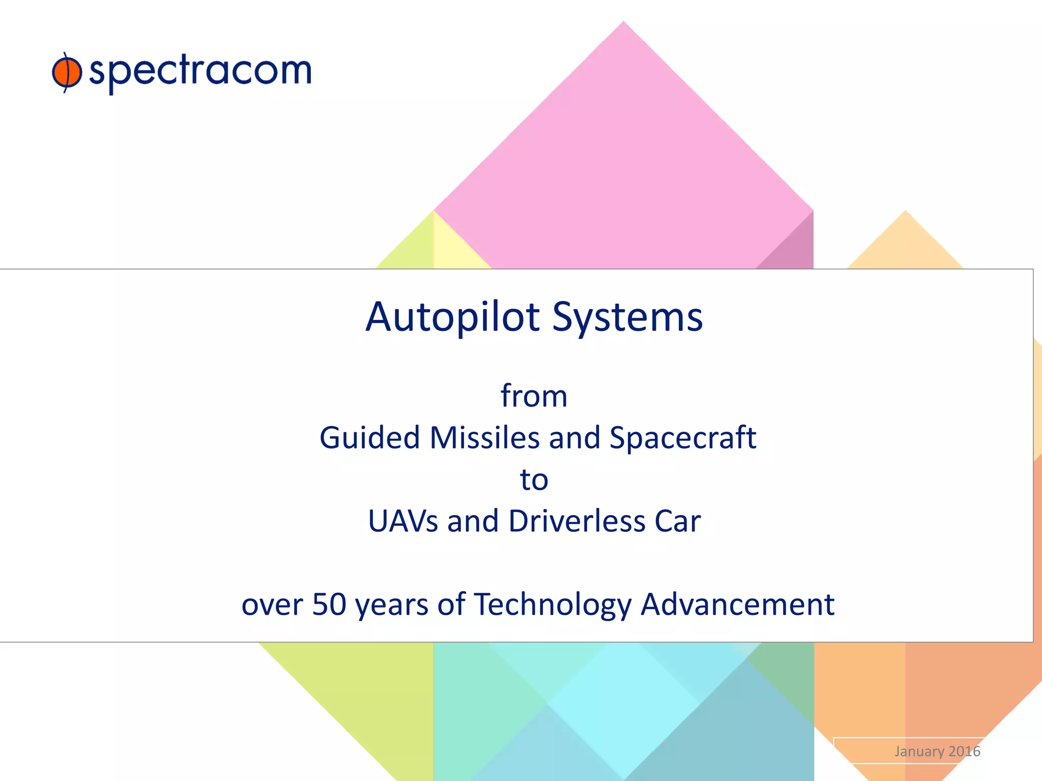 Autopilot Systems
from
Guided Missiles and Spacecraft
to
UAVs and Driverless Car
over 50 years of Technology Advancement
9 January 2016
 