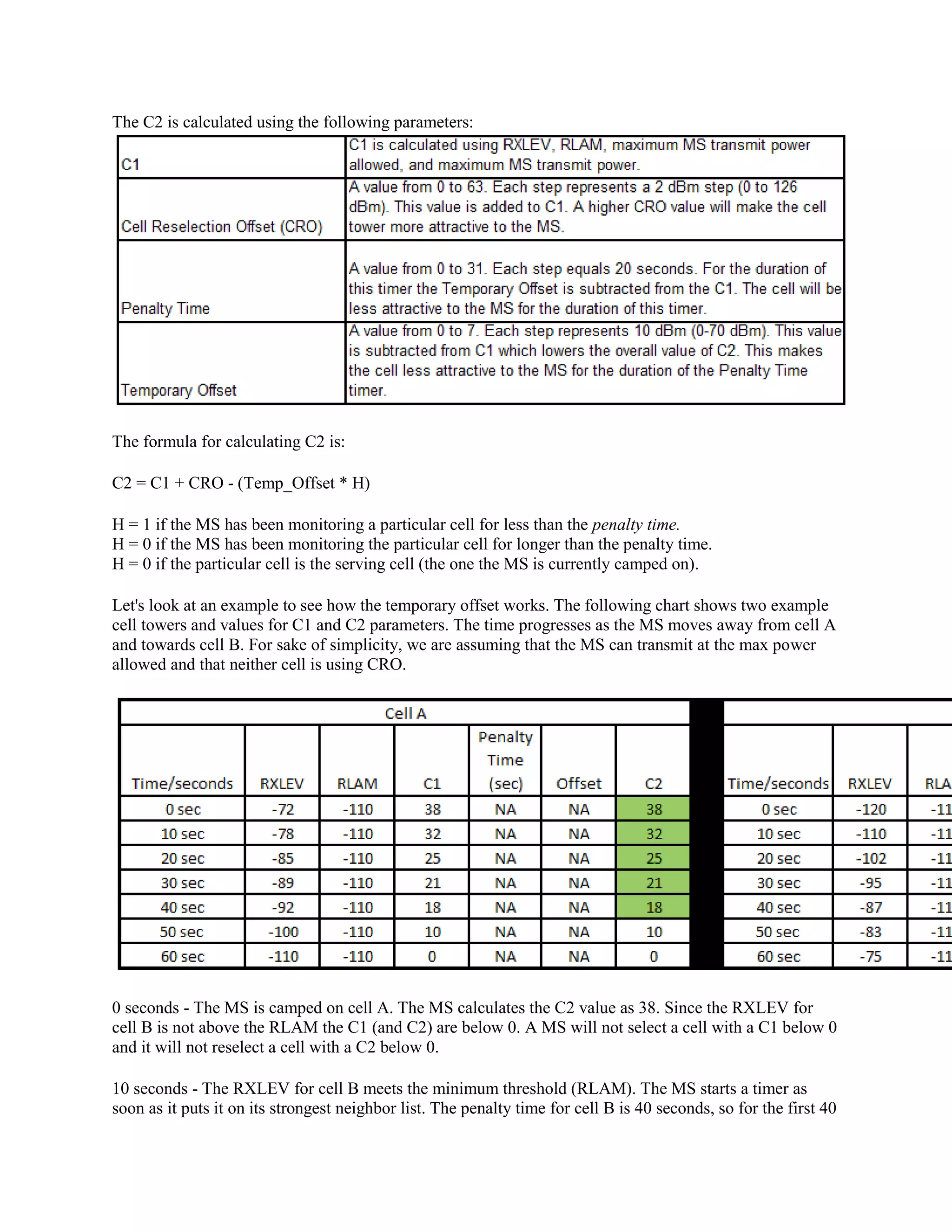 The C2 is calculated using the following parameters:




The formula for calculating C2 is:

C2 = C1 + CRO - (Temp_Offset * H)

H = 1 if the MS has been monitoring a particular cell for less than the penalty time.
H = 0 if the MS has been monitoring the particular cell for longer than the penalty time.
H = 0 if the particular cell is the serving cell (the one the MS is currently camped on).

Let's look at an example to see how the temporary offset works. The following chart shows two example
cell towers and values for C1 and C2 parameters. The time progresses as the MS moves away from cell A
and towards cell B. For sake of simplicity, we are assuming that the MS can transmit at the max power
allowed and that neither cell is using CRO.




0 seconds - The MS is camped on cell A. The MS calculates the C2 value as 38. Since the RXLEV for
cell B is not above the RLAM the C1 (and C2) are below 0. A MS will not select a cell with a C1 below 0
and it will not reselect a cell with a C2 below 0.

10 seconds - The RXLEV for cell B meets the minimum threshold (RLAM). The MS starts a timer as
soon as it puts it on its strongest neighbor list. The penalty time for cell B is 40 seconds, so for the first 40
 