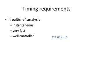 Timing	requirements
• “realtime”	analysis	
– instantaneous	
– very	fast	
– well	controlled  y	=	a*x	+	b
 