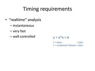 Timing	requirements
• “realtime”	analysis	
– instantaneous	
– very	fast	
– well	controlled  y	=	a*x	+	b
T	=	delay																												+	jitter	
T	=	complexity*datasize	+	jitter
 