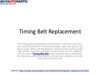 Timing Belt Replacement
      This Timing Belt Replacement Presentation is here to help when
      you need that little bit of extra knowledge to get your project up
     and running. When the timing belt is replaced, the tension pulley,
      idler pulley, tensioner and water pump should also be replaced.
       Check out our Timing Belt Kits to get everything you need from
      the list below select the video or article that is related to info for
                           the product line desired.



source: http://www.buyautoparts.com/howto/timing-belt-replacement.html
 