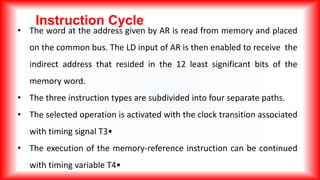 Instruction Cycle
• The word at the address given by AR is read from memory and placed
on the common bus. The LD input of AR is then enabled to receive the
indirect address that resided in the 12 least significant bits of the
memory word.
• The three instruction types are subdivided into four separate paths.
• The selected operation is activated with the clock transition associated
with timing signal T3•
• The execution of the memory-reference instruction can be continued
with timing variable T4•
 