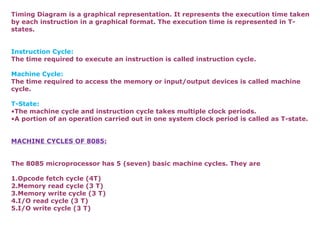 Timing Diagram is a graphical representation. It represents the execution time taken
by each instruction in a graphical format. The execution time is represented in T-
states.


Instruction Cycle:
The time required to execute an instruction is called instruction cycle.

Machine Cycle:
The time required to access the memory or input/output devices is called machine
cycle.

T-State:
•The machine cycle and instruction cycle takes multiple clock periods.
•A portion of an operation carried out in one system clock period is called as T-state.


MACHINE CYCLES OF 8085:


The 8085 microprocessor has 5 (seven) basic machine cycles. They are

1.Opcode fetch cycle (4T)
2.Memory read cycle (3 T)
3.Memory write cycle (3 T)
4.I/O read cycle (3 T)
5.I/O write cycle (3 T)
 