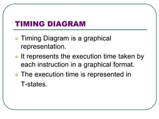 TIMING DIAGRAM
 Timing Diagram is a graphical
representation.
 It represents the execution time taken by
each instruction in a graphical format.
 The execution time is represented in
T-states.
 