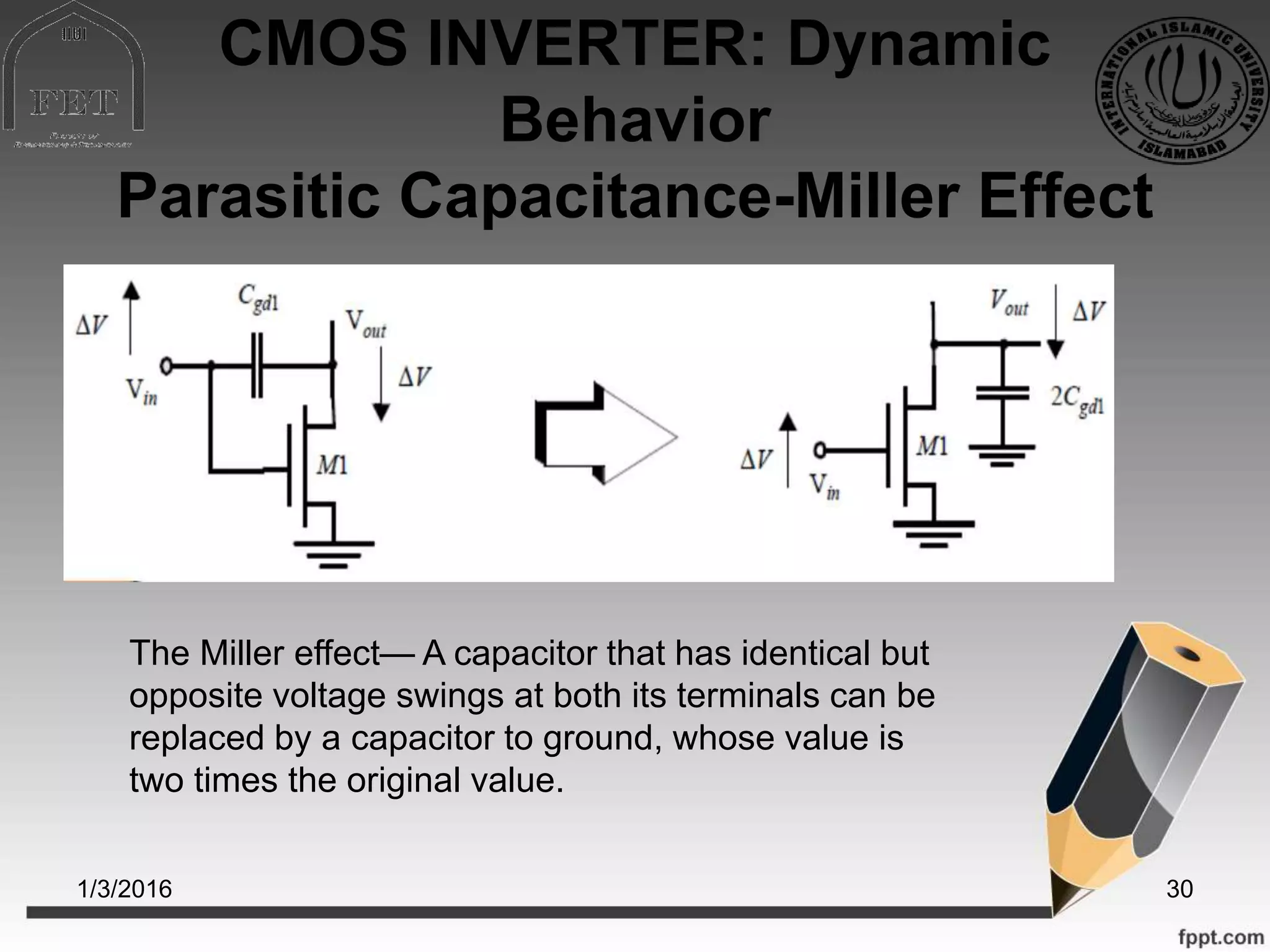 CMOS INVERTER: Dynamic
Behavior
Parasitic Capacitance-Miller Effect
The Miller effect— A capacitor that has identical but
opposite voltage swings at both its terminals can be
replaced by a capacitor to ground, whose value is
two times the original value.
1/3/2016 30
 