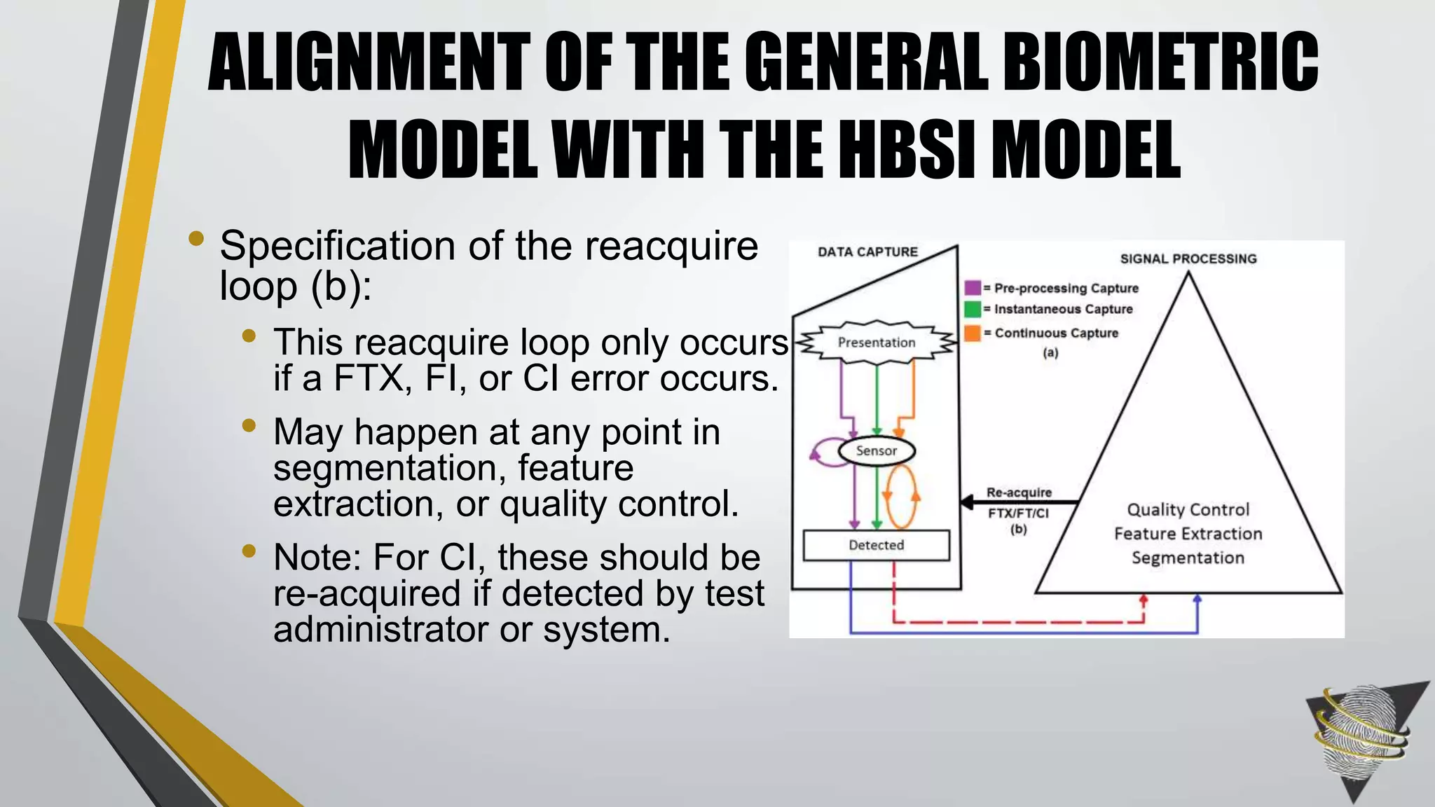 • Specification of the reacquire
loop (b):
• This reacquire loop only occurs
if a FTX, FI, or CI error occurs.
• May happen at any point in
segmentation, feature
extraction, or quality control.
• Note: For CI, these should be
re-acquired if detected by test
administrator or system.
ALIGNMENT OF THE GENERAL BIOMETRIC
MODEL WITH THE HBSI MODEL
 