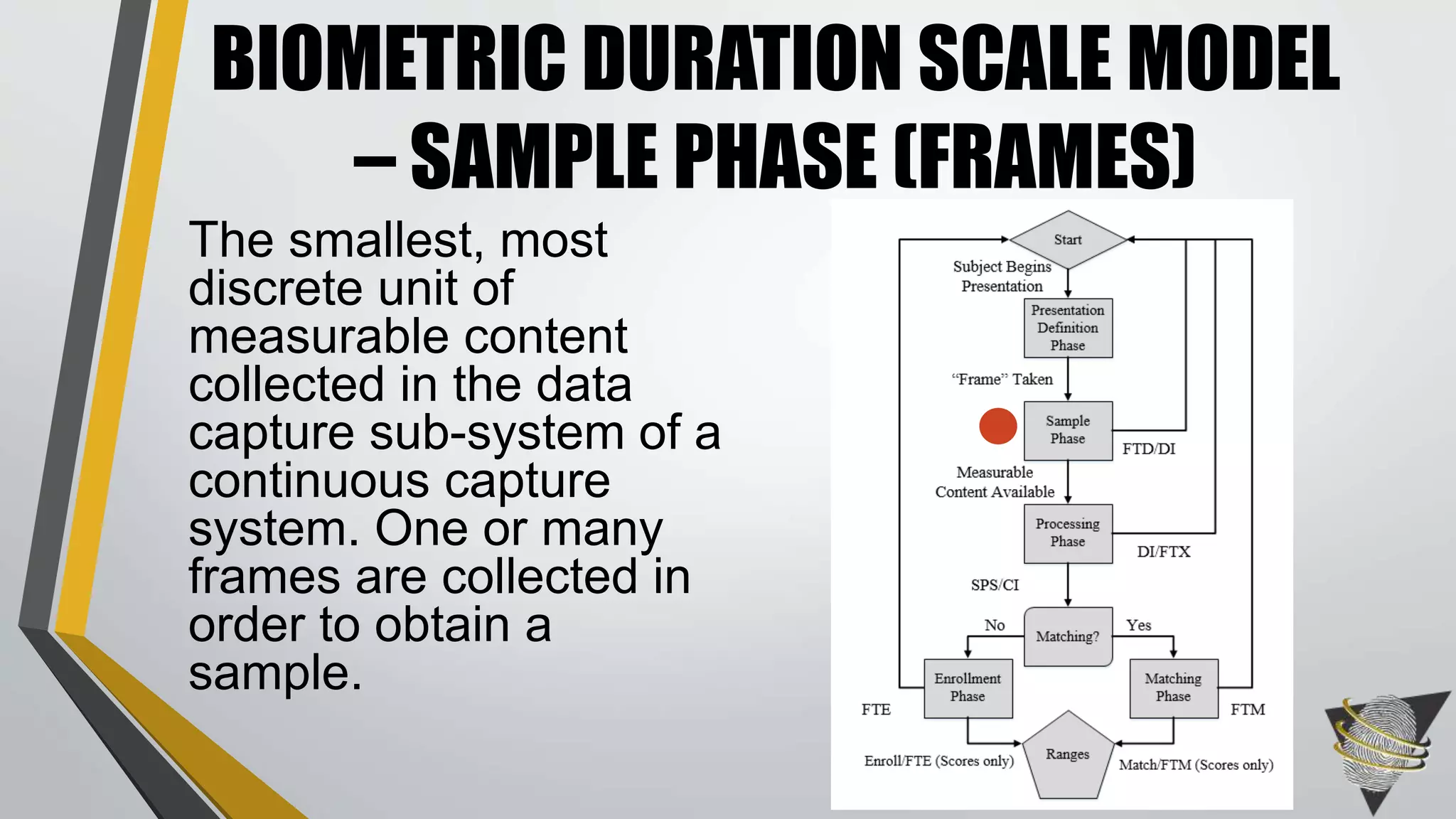 The smallest, most
discrete unit of
measurable content
collected in the data
capture sub-system of a
continuous capture
system. One or many
frames are collected in
order to obtain a
sample.
BIOMETRIC DURATION SCALE MODEL
– SAMPLE PHASE (FRAMES)
 