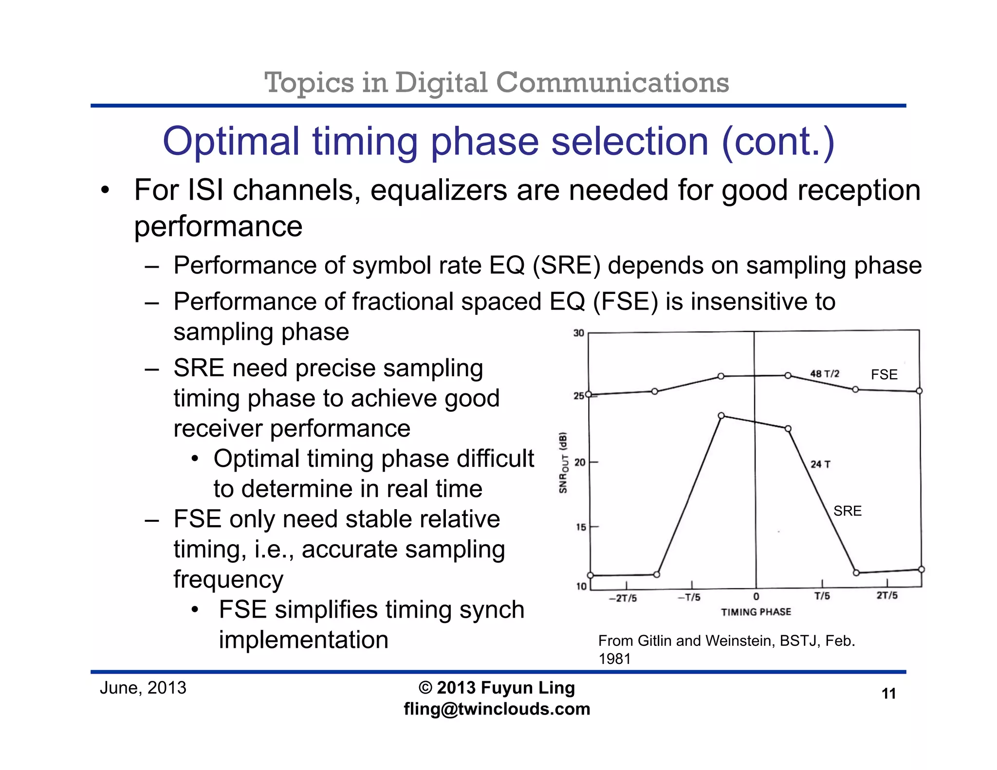 Topics in Digital Communications
June, 2013
Optimal timing phase selection (cont.)
• For ISI channels, equalizers are needed for good reception
performance
– Performance of symbol rate EQ (SRE) depends on sampling phase
– Performance of fractional spaced EQ (FSE) is insensitive to
sampling phase
11© 2013 Fuyun Ling
fling@twinclouds.com
SRE
FSE
From Gitlin and Weinstein, BSTJ, Feb.
1981
– SRE need precise sampling
timing phase to achieve good
receiver performance
• Optimal timing phase difficult
to determine in real time
– FSE only need stable relative
timing, i.e., accurate sampling
frequency
• FSE simplifies timing synch
implementation
 