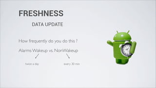 FRESHNESS
        DATA UPDATE


How frequently do you do this ?

Alarms Wakeup vs. NonWakeup

   twice a day         every 30 min
 