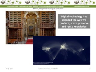 20-05-2016 2António Teixeira & José Mota
Widening Participation in Knowledge Co-construction
1ST INTERNATIONAL CONFERENCE ON SMART LEARNING ECOSYSTEMS AND REGIONAL DEVELOPMENTS Timisoara, May 20th, 2016
Digital technology has
changed the way we
produce, share, preserve
and reuse knowledge
 