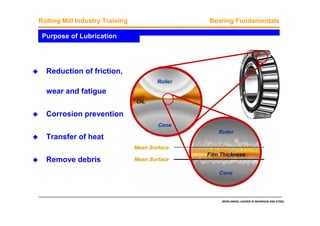 WORLDWIDE LEADER IN BEARINGS AND STEEL
Rolling Mill Industry Training Bearing Fundamentals
Purpose of Lubrication
Reduction of friction,
wear and fatigue
Corrosion prevention
Transfer of heat
Remove debris
 