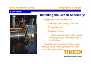 WORLDWIDE LEADER IN BEARINGS AND STEEL
Rolling Mill Industry Training Configurations & Designs
Installing the Chock Assembly:
• Suggested Mounting Methods:
• Chocking/ Dechocking Machine
• Piloting Sleeve
• Overhead Crane
- Care must be taken when using
a crane to align the chock prior to
installation.
• Regardless of mounting method, care
must be taken not to damage the inner
races during assembly.
Back-up Roll
 