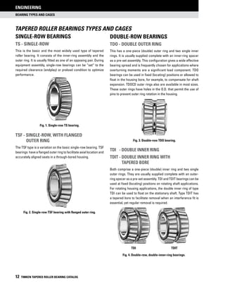 Bearing types AND CAGES
ENGINEERING
12 TIMKEN TAPERED ROLLER BEARING CATALOG
Single-Row Bearings
TS - Single-row
This is the basic and the most widely used type of tapered
roller bearing. It consists of the inner-ring assembly and the
outer ring. It is usually fitted as one of an opposing pair. During
equipment assembly, single-row bearings can be “set” to the
required clearance (endplay) or preload condition to optimize
performance.
TSF - Single-row, with flanged
	outer ring
The TSF type is a variation on the basic single-row bearing. TSF
bearings have a flanged outer ring to facilitate axial location and
accurately aligned seats in a through-bored housing.
Tapered ROLLER BEARINGS types and cages
TDI
double-Row Bearings
TDO - Double outer ring
This has a one-piece (double) outer ring and two single inner
rings. It is usually supplied complete with an inner-ring spacer
as a pre-set assembly. This configuration gives a wide effective
bearing spread and is frequently chosen for applications where
overturning moments are a significant load component. TDO
bearings can be used in fixed (locating) positions or allowed to
float in the housing bore, for example, to compensate for shaft
expansion. TDOCD outer rings also are available in most sizes.
These outer rings have holes in the O.D. that permit the use of
pins to prevent outer ring rotation in the housing.
TDI - Double inner ring
TDIT - Double inner ring with
	tapered bore
Both comprise a one-piece (double) inner ring and two single
outer rings. They are usually supplied complete with an outer-
ring spacer as a pre-set assembly. TDI and TDIT bearings can be
used at fixed (locating) positions on rotating shaft applications.
For rotating housing applications, the double inner ring of type
TDI can be used to float on the stationary shaft. Type TDIT has
a tapered bore to facilitate removal when an interference fit is
essential, yet regular removal is required.
TDIT
Fig. 1. Single-row TS bearing.
Fig. 2. Single-row TSF bearing with flanged outer ring.
Fig. 3. Double-row TDO bearing.
Fig. 4. Double-row, double-inner-ring bearings.
 