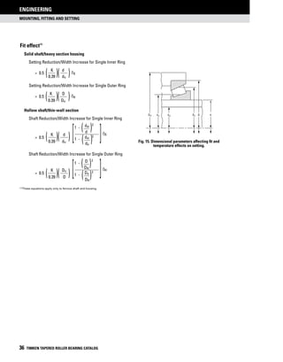 MOUNTING, FITTING and SETTING
ENGINEERING
36 TIMKEN TAPERED ROLLER BEARING CATALOG
DH Do Ddo dsi d
Fig. 15. Dimensional parameters affecting fit and
temperature effects on setting.
( )
( )
Fit effect (1)
	 Solid shaft/heavy section housing
	 Setting Reduction/Width Increase for Single Inner Ring
		 = 0.5
K d
S
	 0.39 do
	Hollow shaft/thin-wall section
	 Shaft Reduction/Width Increase for Single Inner Ring
		
		 = 0.5
K d
	 0.39 do
	 Shaft Reduction/Width Increase for Single Outer Ring
		
		 = 0.5
K Do
	 	 0.39 D
( )( )
[1 - dsi 2
do
1 - dsi 2
d
[( )( ) S
(1)These equations apply only to ferrous shaft and housing.
( )1 - D 2
DH
( )( )( ) 1 - Do 2
DH
[ [ H
( )( )
Setting Reduction/Width Increase for Single Outer Ring
= 0.5
K D
H
0.39 Do
 