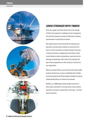 Overview
TIMKEN
2 TIMKEN TAPERED ROLLER BEARING CATALOG
GROW STRONGER WITH TIMKEN
Every day, people around the world count on the strength
of Timken. Our expertise in metallurgy, friction management
and mechanical power transmission helps them accelerate
improvements in productivity and uptime.
We supply products and services that can help keep your
operations moving forward, whether you need drive train
kits for commercial vehicles, durable housings for bearings
in dirty environments, couplings that avoid metal-to-metal
contact between motors and gearboxes, repair services for
bearings and gearboxes, roller chain for dry, abrasive and
high-moisture applications or other products or services for
your applications.
When you choose Timken, you receive more than high-quality
products and services: you gain a worldwide team of highly
trained and experienced Timken people committed to working
collaboratively with you to improve your business.
Globally, our 17,000 people provide reliable answers for a
wide range of operations in manufacturing, mining, medical
equipment, aerospace, transportation, oil and gas – and other
diverse industries.
 