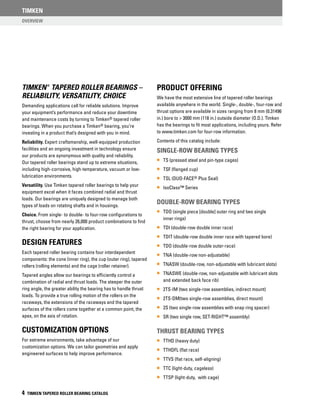 4 TIMKEN TAPERED ROLLER BEARING CATALOG
Overview
TIMKEN
Timken®
Tapered Roller Bearings –
Reliability, Versatility, Choice
Demanding applications call for reliable solutions. Improve
your equipment’s performance and reduce your downtime
and maintenance costs by turning to Timken® tapered roller
bearings. When you purchase a Timken® bearing, you’re
investing in a product that’s designed with you in mind.
Reliability. Expert craftsmanship, well-equipped production
facilities and an ongoing investment in technology ensure
our products are synonymous with quality and reliability.
Our tapered roller bearings stand up to extreme situations,
including high-corrosive, high-temperature, vacuum or low-
lubrication environments.
Versatility. Use Timken tapered roller bearings to help your
equipment excel when it faces combined radial and thrust
loads. Our bearings are uniquely designed to manage both
types of loads on rotating shafts and in housings.
Choice. From single- to double- to four-row configurations to
thrust, choose from nearly 26,000 product combinations to find
the right bearing for your application.
Design Features
Each tapered roller bearing contains four interdependent
components: the cone (inner ring), the cup (outer ring), tapered
rollers (rolling elements) and the cage (roller retainer).
Tapered angles allow our bearings to efficiently control a
combination of radial and thrust loads. The steeper the outer
ring angle, the greater ability the bearing has to handle thrust
loads. To provide a true rolling motion of the rollers on the
raceways, the extensions of the raceways and the tapered
surfaces of the rollers come together at a common point, the
apex, on the axis of rotation.
Customization Options
For extreme environments, take advantage of our
customization options. We can tailor geometries and apply
engineered surfaces to help improve performance.
Product Offering
We have the most extensive line of tapered roller bearings
available anywhere in the world. Single-, double-, four-row and
thrust options are available in sizes ranging from 8 mm (0.31496
in.) bore to > 3000 mm (118 in.) outside diameter (O.D.). Timken
has the bearings to fit most applications, including yours. Refer
to www.timken.com for four-row information.
Contents of this catalog include:
Single-Row Bearing Types
•• TS (pressed steel and pin-type cages)
•• TSF (flanged cup)
•• TSL (DUO-FACE® Plus Seal)
•• IsoClass™ Series
Double-Row Bearing Types
•• TDO (single piece [double] outer ring and two single
inner rings)
•• TDI (double-row double inner race)
•• TDIT (double-row double inner race with tapered bore)
•• TDO (double-row double outer-race)
•• TNA (double-row non-adjustable)
•• TNASW (double-row, non-adjustable with lubricant slots)
•• TNASWE (double-row, non-adjustable with lubricant slots
and extended back face rib)
•• 2TS-IM (two single-row assemblies, indirect mount)
•• 2TS-DM(two single-row assemblies, direct mount)
•• 2S (two single-row assemblies with snap ring spacer)
•• SR (two single row, Set-Right™ assembly)
Thrust Bearing Types
•• TTHD (heavy duty)
•• TTHDFL (flat race)
•• TTVS (flat race, self-aligning)
•• TTC (light-duty, cageless)
•• TTSP (light-duty, with cage)
 