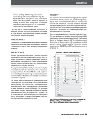 lubrication
TIMKEN TAPERED ROLLER BEARING CATALOG 63
Lubricating oils are commercially available in many forms for
automotive, industrial, aircraft and other uses. Oils are classified
as either petroleum types (refined from crude oil) or synthetic
types (produced by chemical synthesis).
Petroleum oils
Petroleum oils are made from a petroleum hydrocarbon derived
from crude oil, with additives to improve certain properties.
Petroleum oils are used for nearly all oil-lubricated applications
of bearings.
Synthetic oils
Synthetic oils cover a broad range of categories and include
polyalphaolefins, silicones, polyglycols and various esters. In
general,syntheticoilsarelesspronetooxidationandcanoperate
at extreme hot or cold temperatures. Physical properties, such as
pressure-viscosity coefficients, tend to vary between oil types;
use caution when making oil selections.
The polyalphaolefins (PAO) have a hydrocarbon chemistry that
parallels petroleum oil both in chemical structures and pressure-
viscosity coefficients. Therefore, PAO oil is mostly used in the
oil-lubricated applications of bearings when severe temperature
environments (hot and cold) are encountered or when extended
lubricant life is required.
The silicone, ester and polyglycol oils have an oxygen-based
chemistry that is structurally quite different from petroleum
oils and PAO oils. This difference has a profound effect on its
physical properties where pressure-viscosity coefficients can
be lower compared to mineral and PAO oils. This means that
these types of synthetic oils may actually generate a smaller
elastohydrodynamic (EHD) film thickness than a mineral or PAO
oil of equal viscosity at operating temperature. Reductions in
bearing fatigue life and increases in bearing wear could result
from this reduction of lubricant film thickness.
Viscosity
The selection of oil viscosity for any bearing application requires
consideration of several factors: load, speed, bearing setting,
type of oil and environmental factors. Since oil viscosity varies
inversely with temperature, a viscosity value must always be
stated with the temperature at which it was determined. High-
viscosity oil is used for low-speed or high-ambient-temperature
applications. Low-viscosity oil is used for high-speed or low-
ambient-temperature applications.
Thereareseveralclassificationsofoilsbasedonviscositygrades.
The most familiar are the Society of Automotive Engineers (SAE)
classifications for automotive engine and gear oils. The American
Society for Testing and Materials (ASTM) and the International
Organization for Standardization (ISO) have adopted standard
viscosity grades for industrial fluids. Fig. 21 shows the viscosity
comparisons of ISO/ASTM with SAE classification systems at
40° C (104° F).
Viscosity classification comparison
Fig. 21. Comparison between ISO/ASTM grades (ISO 3448/ASTM
D2442) and SAE grades (SAE J 300-80 for crankcase oils,
SAE J 306-81 for axle and manual transmission oils).
2000
1500
1000
800
600
400
300
200
150
100
80
60
40
30
20
15
10
8
6
4
3
2
1500
1000
680
460
320
220
150
20
30
40
50
140
90
100
68
46
32
22
15
10
7
5
3
2
ISO/ASTM
Viscosity Grade
SAE
Crankcase Oils
Viscosity Classification Comparison
SAE
Gear Oil
10W min.
5W min.
250 min.
85W min.
80W min.
70W min.
10000
7500
5000
4000
3000
2000
1500
1000
700
500
400
300
200
150
100
75
60
50
40
35
33
KinematicViscosity,Centistokes(cSt)at40˚C(104˚F)
Viscosity,SayboltUniversalSeconds(SUS)at38˚C(100˚F)
To ensure “wetting” of the bearings, and to prevent
possible damage to the rolling elements and rings, it is
imperative that the oil-mist system be turned on for several
minutes before the equipment is started. The importance of
“wetting” the bearing before starting cannot be overstated,
and it also has particular significance for equipment that
has been idled for extended periods of time.
 
